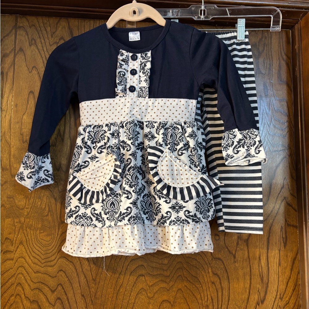Navy and White Patterned Dress with Striped Leggings